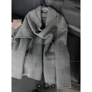 灰色高级感毛呢外套女围巾披肩斗篷款秋冬新款气质重工双面呢大衣