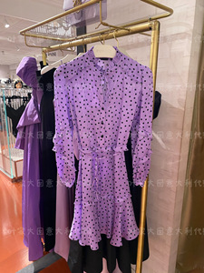 意大利代购Pinko 23秋冬女装长袖波点紫色印花连衣裙101493A0ZK