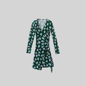 九家丨D*V*F柜6K+   真丝针织绿色栀子花长袖短款连衣裙