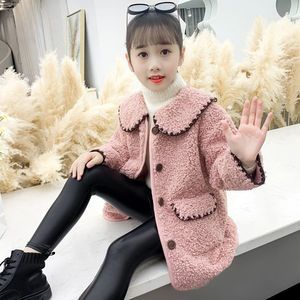女大童秋冬外套2024春季新款韩版女孩仿羊羔毛大衣中长款毛毛衣。