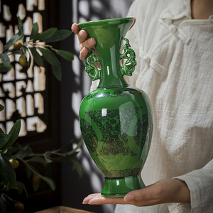 景德镇陶瓷器花瓶翡翠绿色仿古瓶子复古中式家居装饰客厅摆件饰品