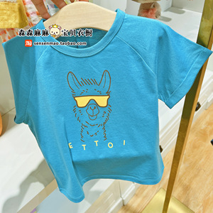 韩国23年夏款男女宝宝童装蓝色圆领卡通小马太阳镜可爱休闲T恤