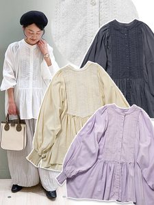 日系 重工蕾丝刺绣门 小立领 前后两穿人棉灯笼袖衬衫 宽版娃娃衫