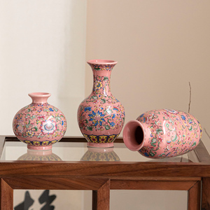 珐琅彩陶瓷冬瓜天球花瓶家居摆件新中式轻奢装饰复古民族风粉彩瓷