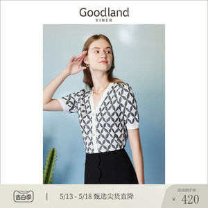 【爆款升级】Goodland美地女装夏V领几何提花撞色针织衫