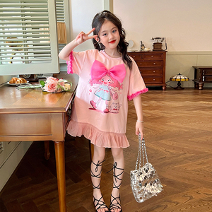 栀了成长记童装女童粉色蝴蝶结宽松T恤裙子夏季儿童荷叶边连衣裙