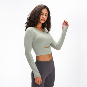 EY~原厂瑜伽长袖上衣女新款带胸垫露腰短款性感跑步运动健身服