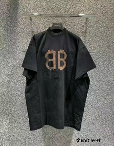 Balenciaga/巴黎世家泥染做旧破坏BB字母logo水洗休闲短袖男T恤女