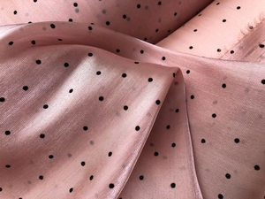 玻璃纱面料 夏季柔美橡皮粉色光泽底黑色芝麻点植绒提花化纤布料
