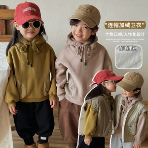 男童女童双层加绒卫衣2023冬装韩版儿童中性套头帽衫洋气保暖上衣