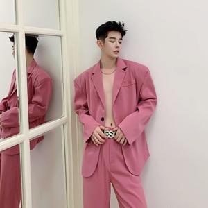 韩国垫肩气质小西装男士个性小众百搭复古时髦西服粉色高级感外套