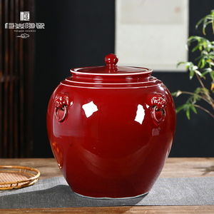 恒焱景德镇郎红瓷陶瓷茶叶罐手绘茶缸水缸复古密封茶饼普洱储存罐