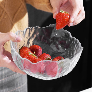 轻奢锤纹金边玻璃碗沙拉碗碟套装家用水果盘创意北欧风餐具甜品碗