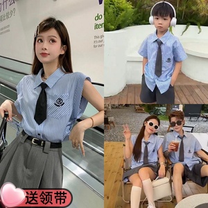 韩国学院风童装夏季一家三口女童条纹短袖衬衫两件套裙裤亲子装潮
