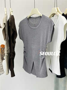 Seoulcp 韩国冰丝针织衫2024新款黑色简约开衩设计感短袖褶皱上衣