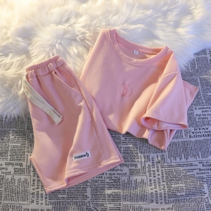珠地棉薄款休闲运动服套装女设计感粉色复古短衣短裤夏天两件套潮