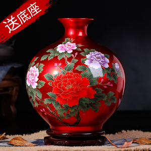 景德镇陶瓷中国红花瓶客厅大号摆件家居电视柜插花瓷器装饰品轻奢