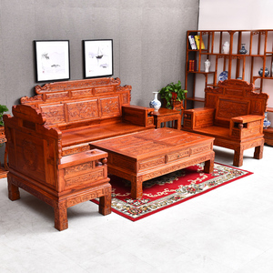 新中式客厅仿红木仿古财源滚滚榆木家具实木沙发组合全实木三人位