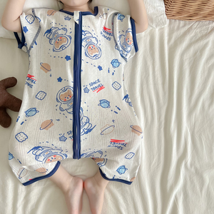 儿童夏季连体睡衣防踢被宝宝短袖空调房睡衣男童女童睡袍夏天纯棉