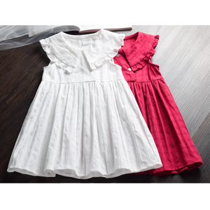 韩国夏季小童女童宝宝大翻领娃娃款酒红白色单层纯棉连衣裙子薄款