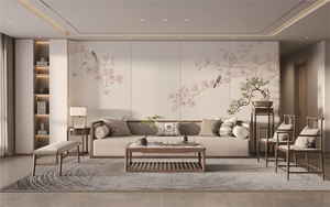 新中式设计定制壁画客餐厅整幅背景喜上枝头双宫真丝刺绣墙纸墙布