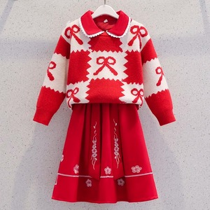 女童红色连衣裙套装秋冬季儿童过年裙子女孩大童中国风新年拜年服