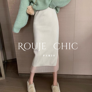 法国Rouje Chic法式秋冬假两件拼接开叉针织半身裙女复古小众长裙