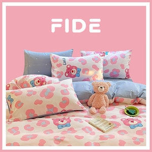 FIDE家居全棉四件套ins豹纹小熊粉色卡通床单床上用品宿舍三件套