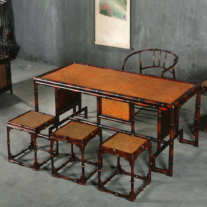 仿古中式大漆筇竹竹制家具茶几方茶桌椅组合方桌休闲茶室茶道家具
