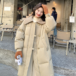 韩版中长款针织娃娃领羽绒服女2023年冬季新款加厚显瘦白鸭绒外套