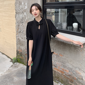 新中式国风立领镂空连衣裙女2024夏季新款韩版宽松显瘦气质长裙子