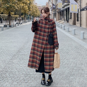 韩国立领格子双面羊绒大衣女2023秋冬新款中长款高级感羊毛呢外套