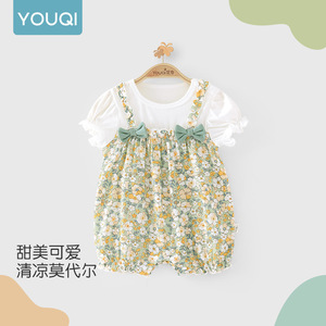 优奇女婴夏装莫代尔婴儿短袖连体衣夏季薄款宝宝裙子甜美可爱哈衣