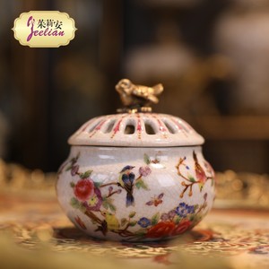 茱莉安法式浪漫艺术陶瓷镶铜手绘花卉装饰盖盒客厅桌面香炉摆件