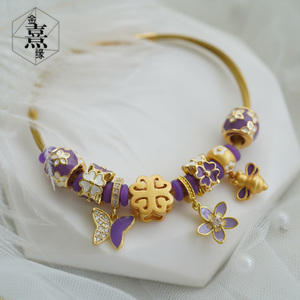 复古紫色花珠开运转运珠手链日本记忆丝钢丝绳可穿3d硬金DIY手绳