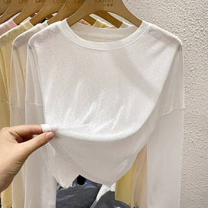 冰丝薄款T恤女夏季设计感小众宽松显瘦短款长袖防晒罩衫棉麻上衣