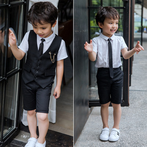 男童马甲礼服套装韩版潮3夏季4儿童小西装5男孩短袖中裤三件套6岁