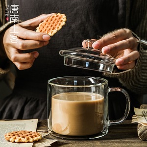 家用高硼硅耐热玻璃水杯带把手大口径杯子茶杯带盖勺子咖啡杯防烫