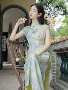 新中式改良旗袍连衣裙茶服收腰女两件套夏日气质穿搭套装修身长裙