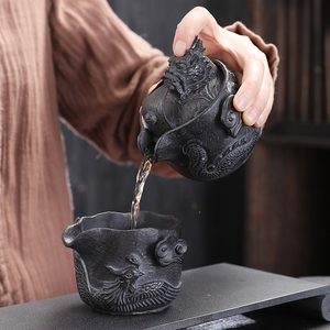 冰碛岩龙凤手抓壶中式复古名家手工雕刻泡茶单茶壶耐高温功夫茶具