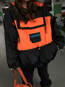 韩国冬季新款女装加厚荧光橙色运动风黑色冲锋衣套头棉衣外套