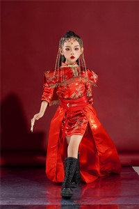 女童旗袍中国风潮服国潮走秀礼服中国红色模特演出服中大童民国风