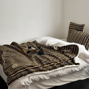 秋冬保暖复古条纹毛毯北欧羊驼绒圈圈毛颗粒沙发盖毯午休沙发毯子