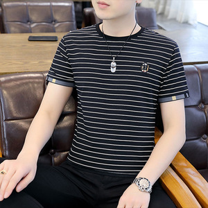 夏季韩版潮牌男情侣男士条纹短袖T恤港风修身学生男生半袖体恤