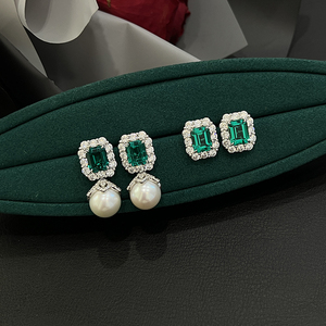 高级感培育祖母绿耳钉女法式复古两戴12mm天然珍珠耳环绿宝石耳饰