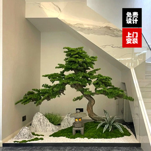 新中式迎客松仿真树室内绿植造景落地装饰盆景玄关楼梯下罗汉松树
