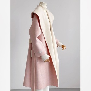 两面穿粉色双面羊绒大衣女2023秋冬中长款大翻领浴袍款羊毛尼外套