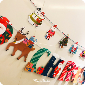 日本大创圣诞节派对装饰布置彩色挂旗可爱儿童房布置纸质拉旗挂饰