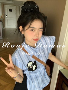 Rouje Damas夏季法式气质蓝色条纹polo领可爱熊猫刺绣无袖衬衫女