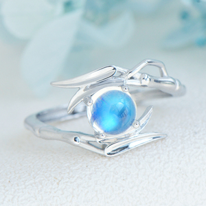 天然蓝月光石戒指女纯银竹子复古风宝石指环小众设计感水晶食指戒